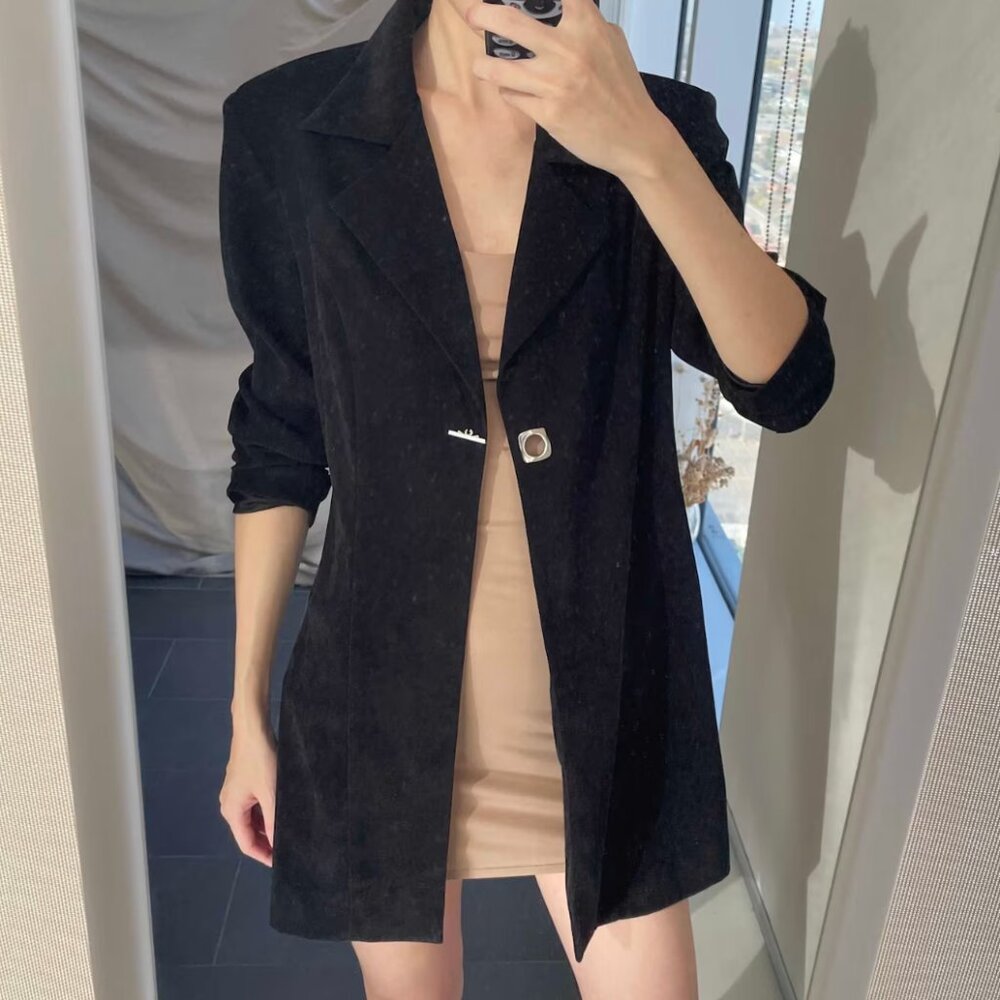 90s Black Blazer Jacket: Retro Lightweight Trench Coat